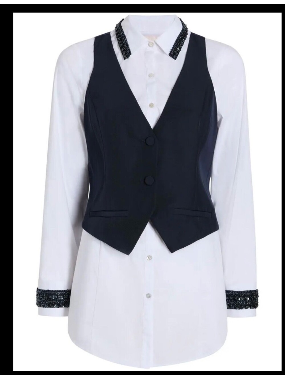 Cinq à Sept Ellery Beaded Trim Shirt Blouse and Vest 2 pc NWT Navy Blue Size XS